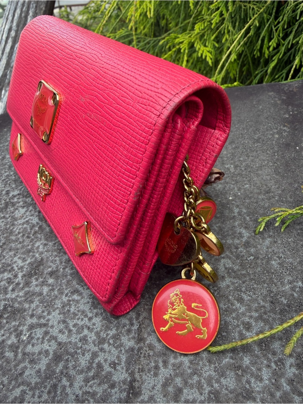 MCM Hot Pink Leather Trifold Wallet with Charms & Gold Hardware - Picture 4 of 16
